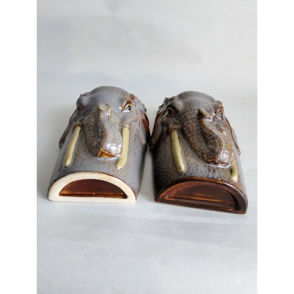 Vintage Ceramic Elephant Head Wall Pocket Planter Set Grey Brown Drip Glaze 6in